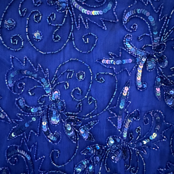 VTG ADRIANNA PAPELL DRESS 14 SILK BEADED BLUE FLORAL SEQUIN COCKTAIL RETRO SZ 6 - Picture 3 of 9